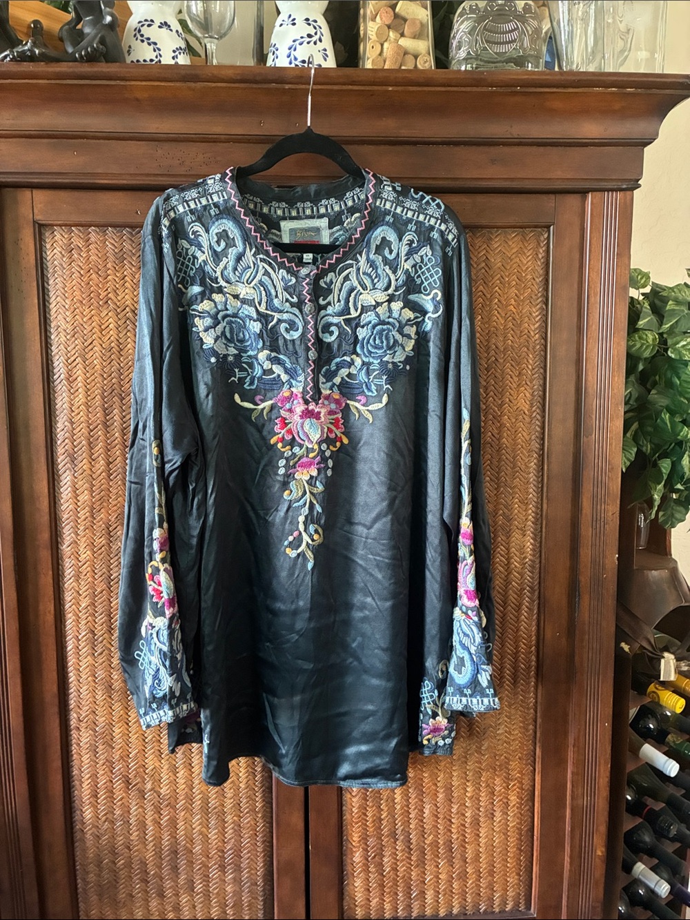 Johnny Was Embroidered Floral Tunic with Blue and Pink Accents